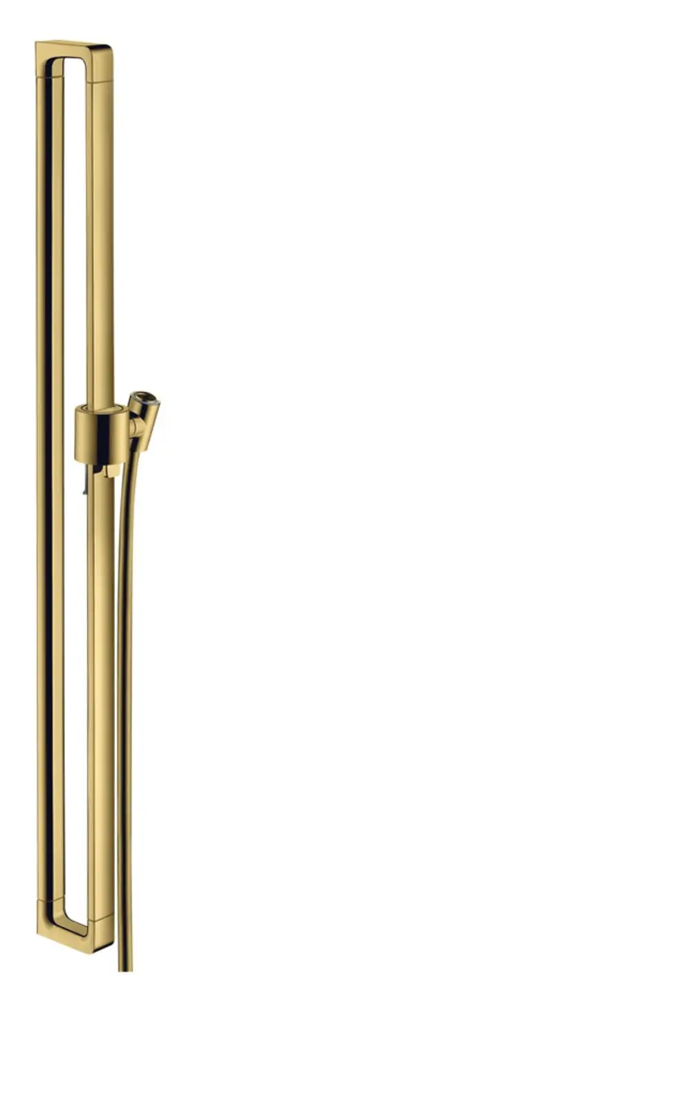 Axor Duschstange mit Handbrause, Auslauf und Schlauch in polierter Gold-Optik, senkrecht montiert, für moderne Badezimmergestaltung.